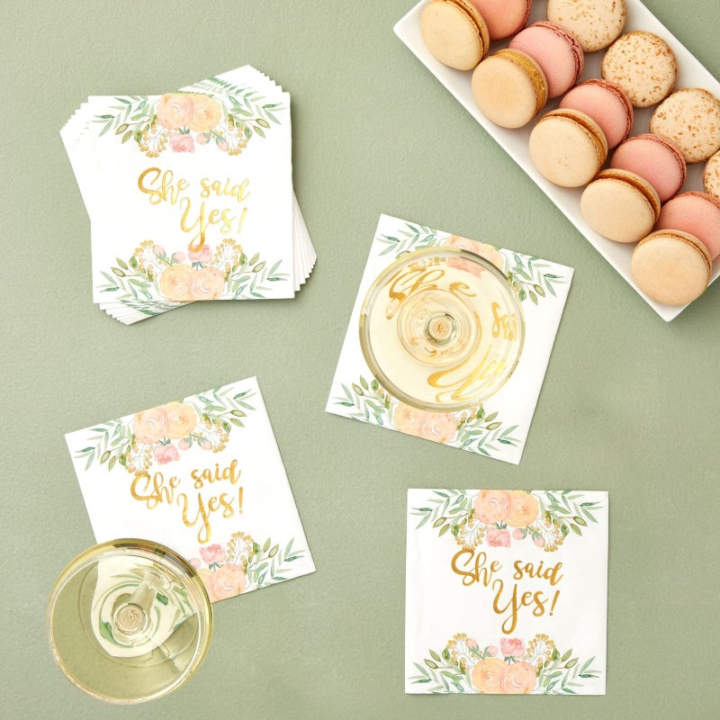 Sparkle and Bash Engagement Napkins for Party - 50-Pack, 5 x 5 In, 3-Ply, Gold Foil - She Said Yes Floral Design - Cocktail Napkins & Engagement Paper - Image 2